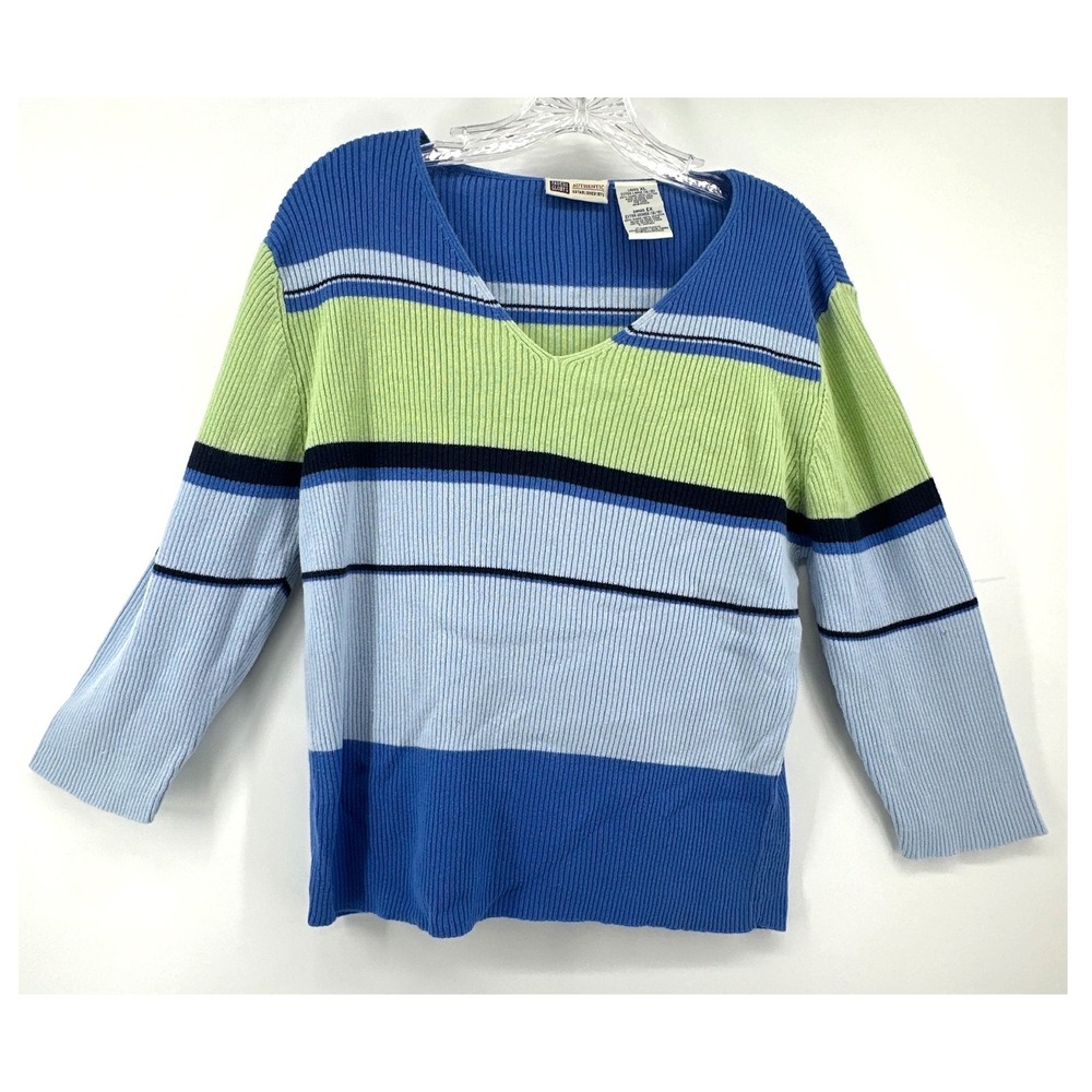 Y2K Faded Glory Womens XL Striped Ribbed V-Neck Sweater 3/4 Sleeve Preppy